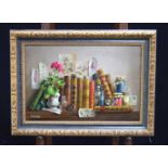 Deborah Jones 1921-2012 framed still life, oil on board "Rare Books" 39 x 60 cm.