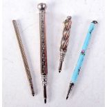 AN ART DECO SILVER AND ENAMEL PENCIL together with three white metal propelling pencils. 23 grams.
