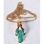 A BOXED 14CT GOLD NECKLACE WITH AN OPAL PENDANT. Stamped 14K, Chain 46cm long, Pendant 3.7cm x 1.
