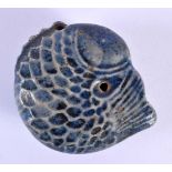 A 17TH/18TH CENTURY CHINESE BLUE GLAZED STONEWARE WATER DROPPER Ming/Qing, formed as a fish. 8 cm