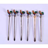 SIX 1920S SILVER AND ENAMEL COCKERELL COCKTAIL STICKS. Birmingham 1929. 18 grams. 8 cm x 1.25 cm. (