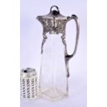 A LOVELY LARGE ART NOUVEAU PEWTER MOUNTED CRYSTAL GLASS CLARET JUG etched with flowers and vines. 36