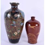 A 19TH CENTURY JAPANESE MEIJI PERIOD CLOISONNE ENAMEL VASE together with a red lacquer bird vase.