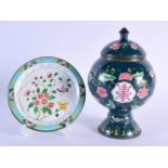 A LATE 19TH CENTURY CHINESE CANTON ENAMEL VASE AND COVER Qing, together with a similar saucer.