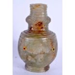 A LOVELY 18TH CENTURY INDIAN MUGHAL CARVED GEM SET JADE VASE decorated with foliage and vines. 9.5