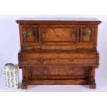 A RARE VICTORIAN NOVELTY BURR WALNUT PIANO JEWELERY BOX with three rising interiors, decorated