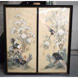 A PAIR OF 19TH CENTURY JAPANESE SILK WATERCOLOUR PAINTINGS depicting fowl amongst foliage. 88 cm x