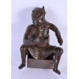 A 19TH CENTURY JAPANESE MEIJI PERIOD BRONZE OKIMONO OF ONI modelled upon an iron seat. 16 cm x 8