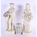 A PAIR OF 19TH CENTURY ENGLISH PARIAN WARE FIGURES modelled as a male and female with flowers. 34 cm