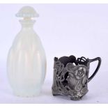 AN ART DECO IRIDESCENT GLASS SCENT BOTTLE AND STOPPER together with an art nouveau pewter cup