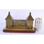 A RARE LARGE 19TH CENTURY COUNTRY HOUSE BRONZE INKWELL with rising roofs to reveal liners and a