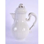 AN 18TH CENTURY CONTINENTAL WHITE GLAZED COFFEE POT AND COVER formed with a mask head spout. 17 cm x