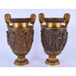 A PAIR OF 19TH CENTURY ENGLISH GRAND TOUR COUNTRY HOUSE VASES with scrolling handles, depicting