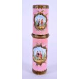 AN UNUSUAL 18TH CENTURY BILSTON BATTERSEA ENAMEL PIN HOLDER painted with lovers within landscapes.