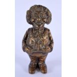 A RARE ANTIQUE BRONZE MONEY BOX formed as a male in a waistcoat. 16 cm x 7 cm.