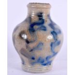 AN ANTIQUE EUROPEAN SALT GLAZED STONEWARE JUG painted with blue sprays. 8 cm high.