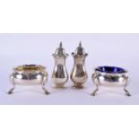 A PAIR OF VICTORIAN SILVER SALTS and a pair of condiments. London 1836 & Birmingham 1922. Silver 311