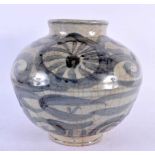 A 19TH CENTURY KOREAN BLUE AND WHITE BULBOUS VASE painted with sprays and motifs. 22 cm x 18 cm.