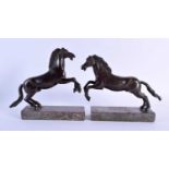 A PAIR OF 19TH CENTURY EUROPEAN GRAND TOUR BRONZE HORSES After the Antiquity, upon marble bases.