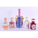 A GROUP OF FOUR 19TH CENTURY FRENCH PARIS PORCELAIN SCENT BOTTLES together with a Limoges