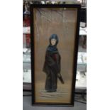 A 19TH CENTURY JAPANESE MEIJI PERIOD SILK WATERCOLOUR depicting a geisha standing within a snowy