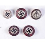 FIVE GERMAN BADGES. 23.6 grams. Largest 2.25 cm wide. (5)