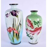 TWO EARLY 20TH CENTURY JAPANESE MEIJI PERIOD CLOISONNE ENAMEL VASES decorated with fish and flowers.
