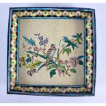 A FRENCH LONGWY POTTERY SQUARE FORM DISH painted with birds in landscapes. 25 cm square.