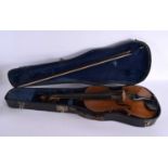 AN ANTIQUE SINGLE PIECE BACK VIOLIN with bow. Violin 58 cm long, length of back 36 cm. (2)