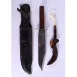 A LARGE VINTAGE BOWIE KNIFE and a small fly swish knife. Largest 39 cm long. (2)