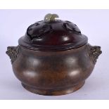 A CHINESE BRONZE CENSER AND COVER 20th Century, bearing Xuande marks to base, with jade finial. 12