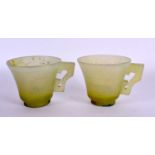 A PAIR OF EARLY 20TH CENTURY CHINESE CARVED JADE CUPS Late Qing/Republic. 8 cm wide.