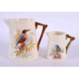 Royal Worcester barrel shape jug painted with a kingfisher date mark 1924 and another smaller