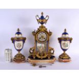 A LARGE 19TH CENTURY FRENCH SEVRES PORCELAIN ORMOLU CLOCK GARNITURE painted with figures and