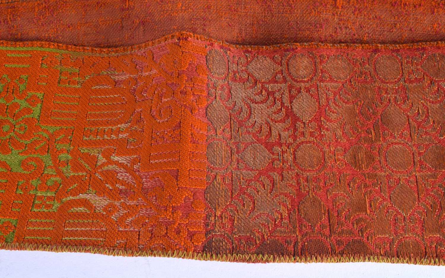 A 19TH CENTURY TURKISH ORANGE AND RED SILK EMBROIDERED BELT decorated with gold motifs. 280 cm - Image 6 of 8