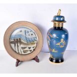 A large Chinese style Carlton Ware lidded vase together with a painted glazed pottery plate