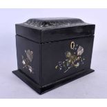 AN ANTIQUE MOTHER OF PEARL INLAID BLACK PAPIER MACHE TEA CADDY. 15 cm x 12 cm.