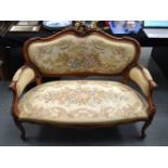 A FRENCH AUBUSSON UPHOLSTERED WOOD SOFA. 124 cm x 90 cm.