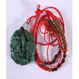 AN EARLY 20TH CENTURY CHINESE CARVED SPINACH JADE NECKLACE Late Qing/Republic. Pendant 7 cm x 4