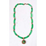 A GOOD 14CT GOLD AND DIAMOND JADEITE NECKLACE. 28 grams. 45 cm long.