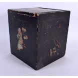 AN ANTIQUE CHINESE COUNTRY HOUSE LACQUERED TEA CADDY painted with figures and calligraphy. 18 cm x