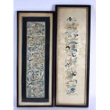 TWO 19TH CENTURY CHINESE SILK EMBROIDERED PANELS. Largest 50 cm x 12 cm. (2)