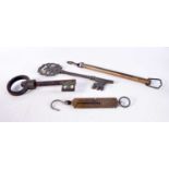 A collection of early large keys together with two vintage scales/balance largest 33cm (4).