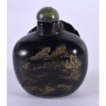 A 19TH CENTURY CHINESE CARVED HARDWOOD SNUFF BOTTLE Qing, carved with landscapes. 6 cm x 5 cm.