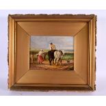 European School (19th/20th Century) Oil on panel, Peasants on horses. 38 cm x 34 cm.