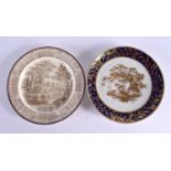 Late 18th century New Hall saucer dish printed in gold with Warberton’s Patent, so mark verso with