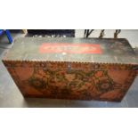 A RARE 17TH CENTURY CHINESE TIBETAN PAINTED WOOD TRAVELLING CHEST Ming/Qing, painted with dragons.
