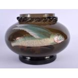 AN ENAMELLED SMOKEY GLASS FLYING FISH VASE. 21 cm x 15 cm.