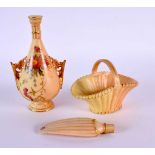 Royal Worcester rare miniature blush ivory vase with two handles painted with flowers on a blush