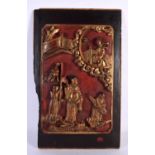 A 19TH CENTURY CHINESE AND PAINTED LACQUERED WOOD PANEL Qing, depicting numerous figures within an